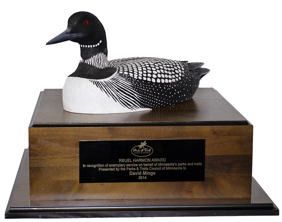 Carving of a loon on an award stand