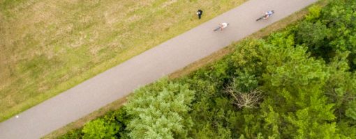 Aerial shot of bikers on trail