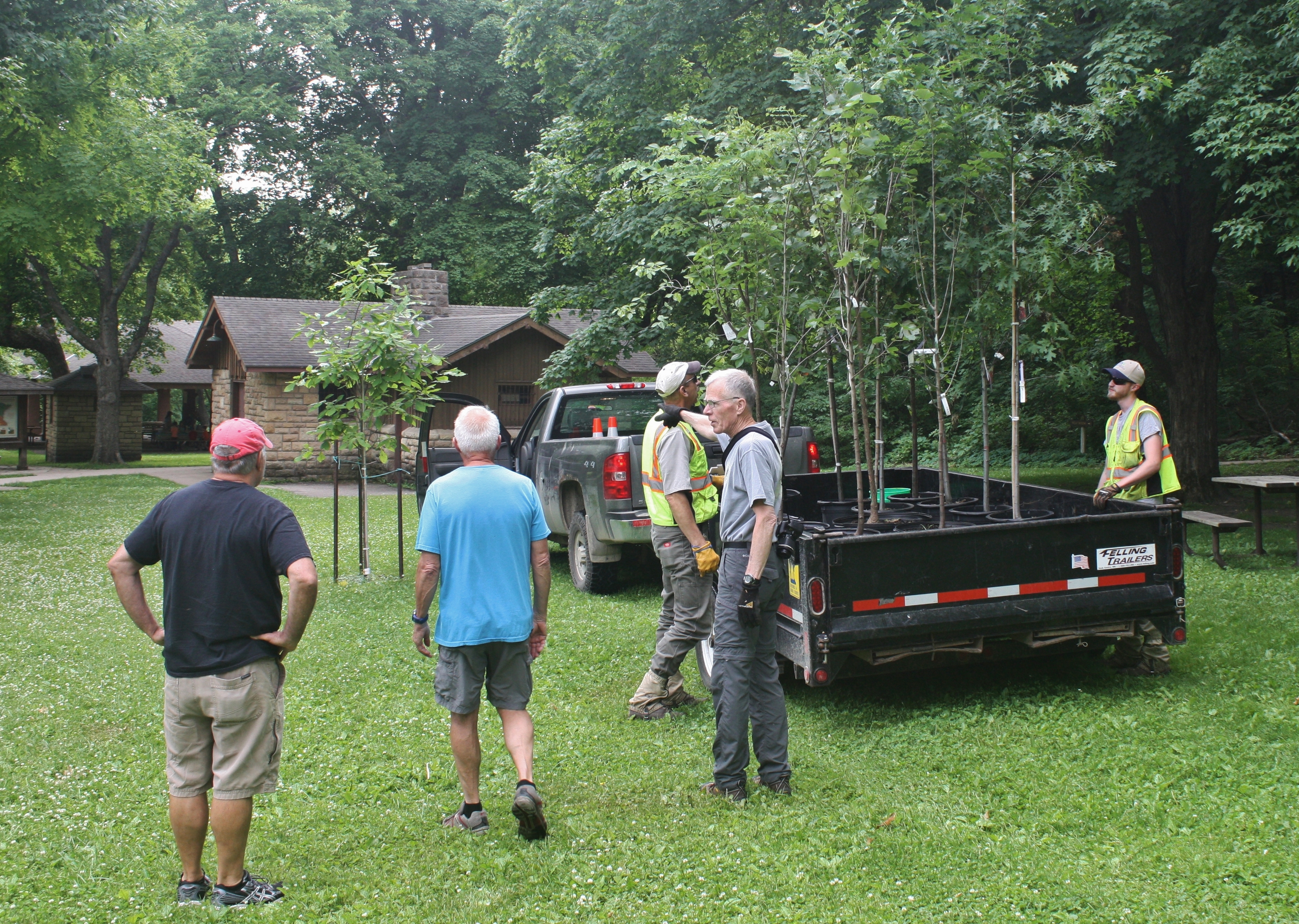 volunteers get ready to unload trees from trailer