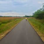 Boy biking trail through grasslands