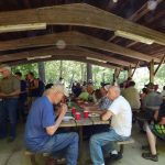 group gathered in picnic shelter