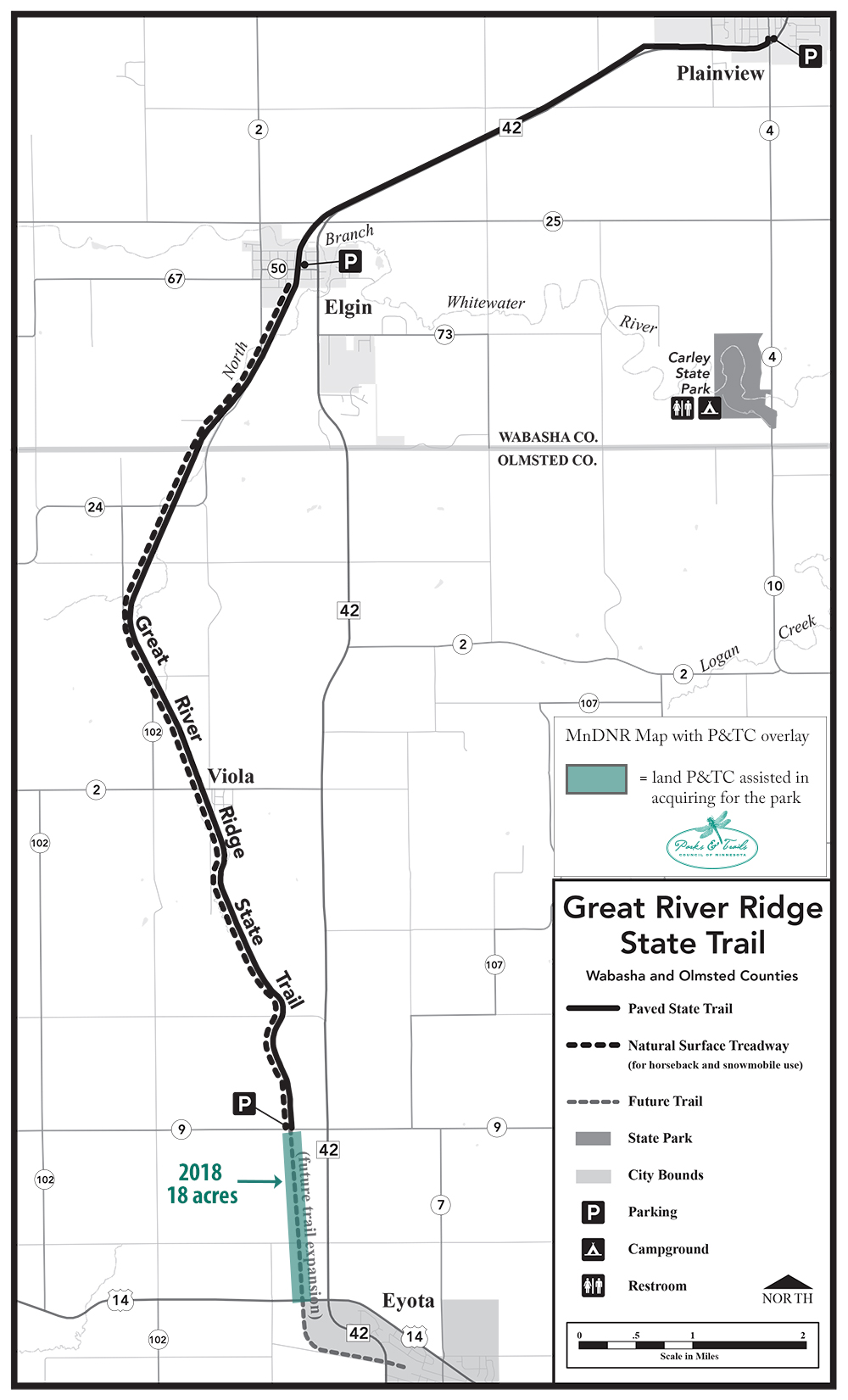 Map of Great River Ridge State Trail with PTC land highlighted