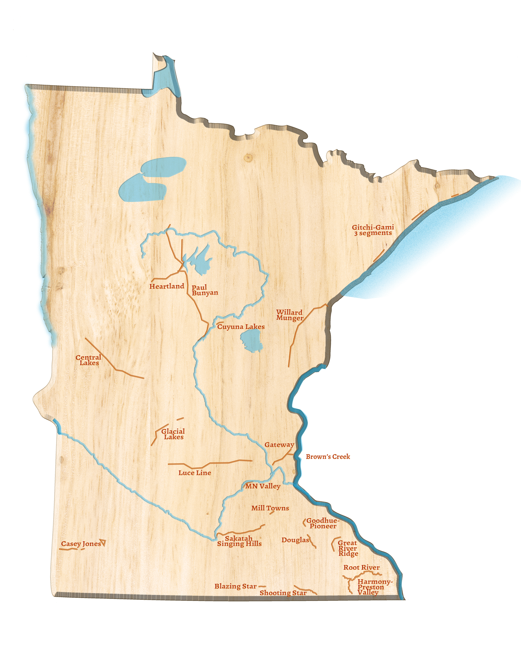 Wooden image of Minnesota with state trails listed