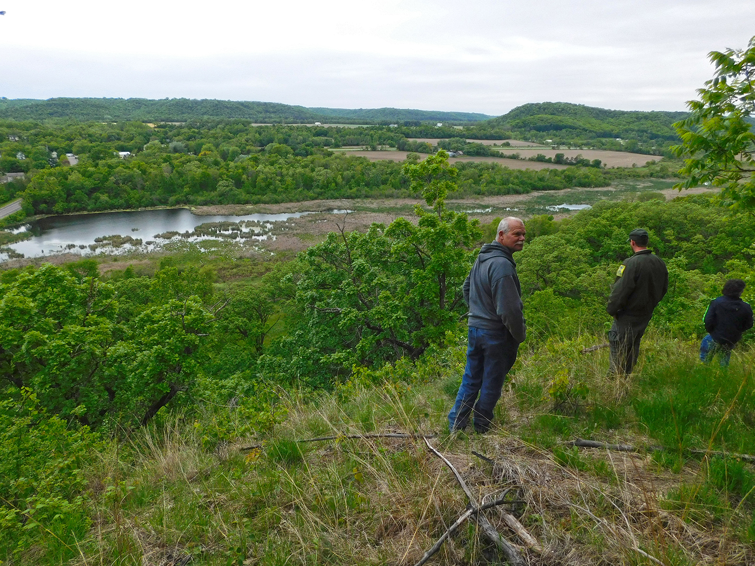Three people looking out at an overlook toward forest and creek