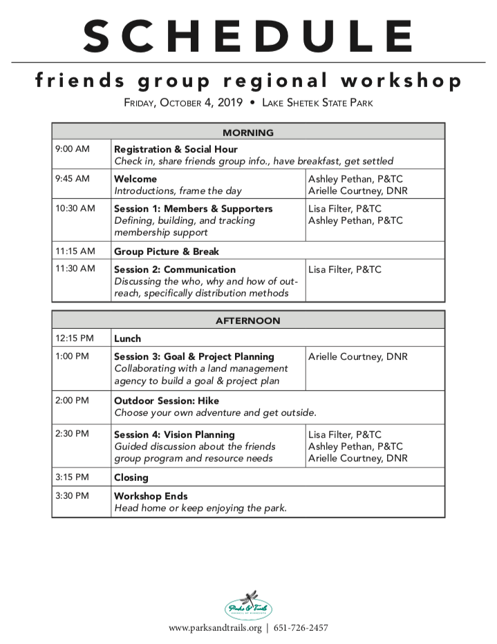 schedule for lake shetek workshop