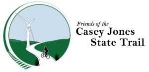 Circle logo with bike on trail and windmill