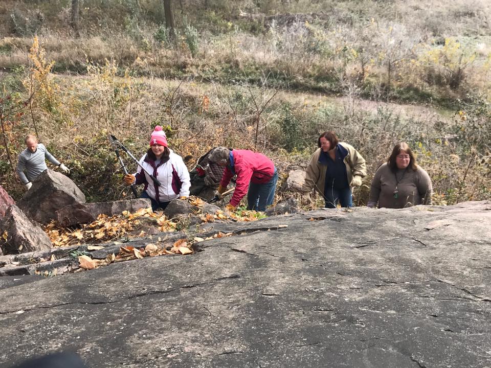 Five adults working with clippers and gloves near rock mound