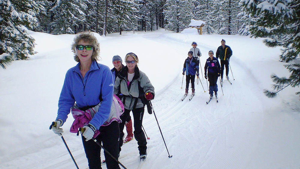 Group of Nordic skiers going up a small hill