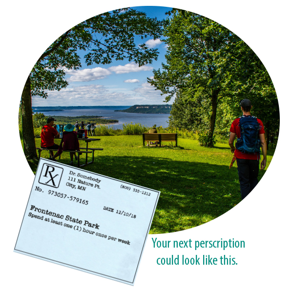 Doctor's prescription to spend time at a park and image of people at Frontenac State park