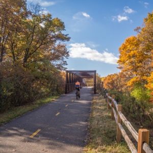 biker on paved trail headed towards bridge with fall colors along the side of the trail