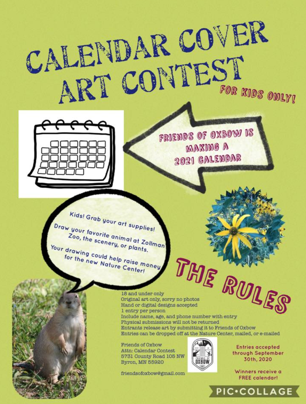 green flyer with details about calendar cover art contest