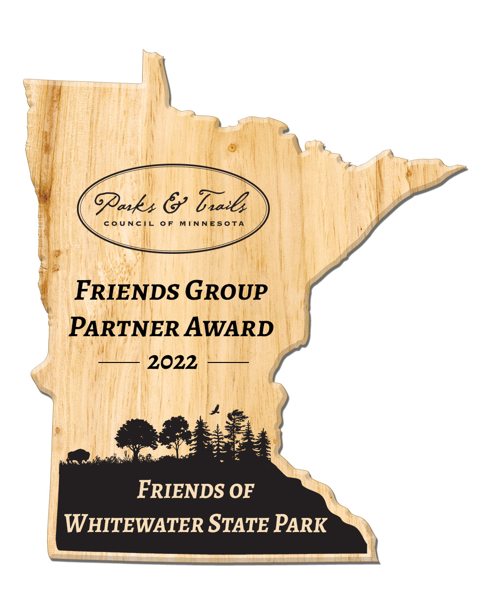 Wooden plaque in shape of Minnesota engraved with "Friends of Whitewater State Park"