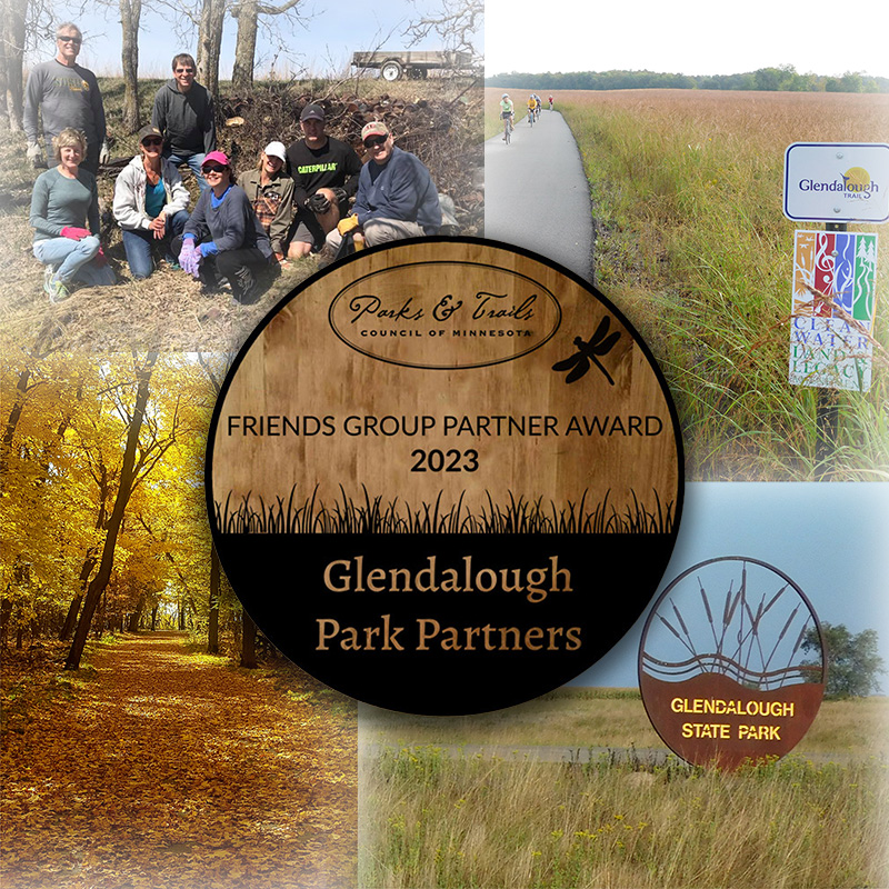 Collage of four photos showing scenes from Glendalough State Park with a wood plaque overlaid in the center
