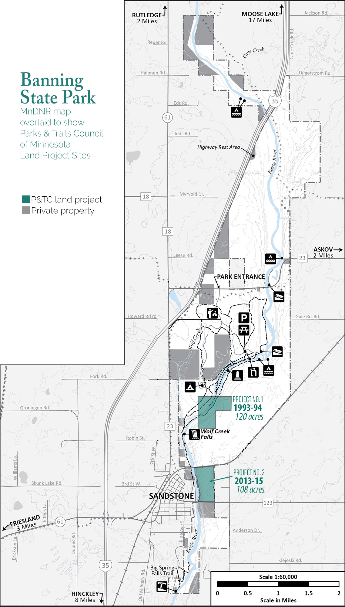 Map of Banning State Park with overlay showing acquisitions by Parks & Trails Council