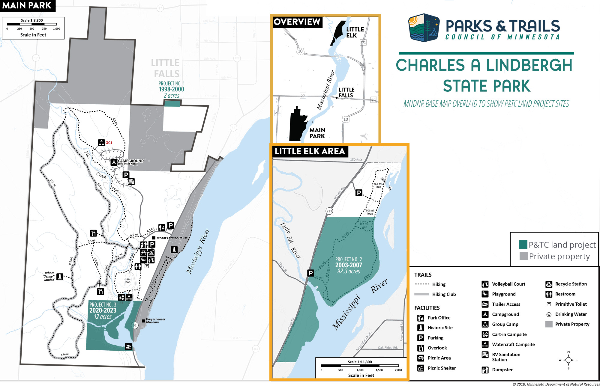 Map of Charles A. Lindbergh State Park showing land P&TC helped to acquire for the park