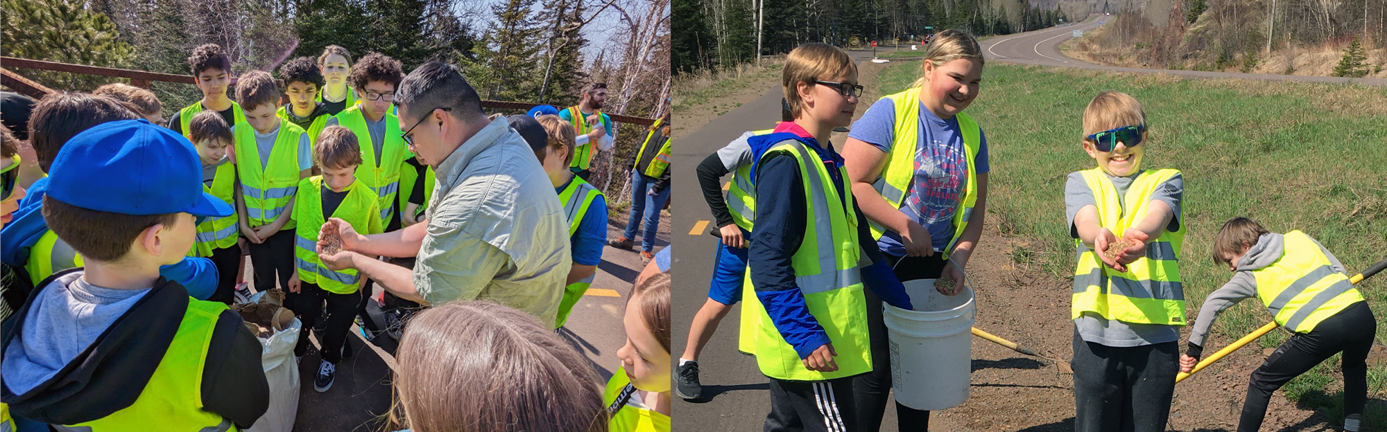 Elementary students in yellow safety vests on a trail