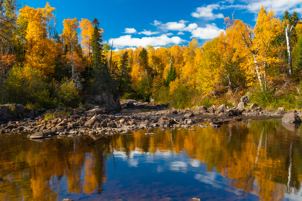 Still lake reflecting autumn colors