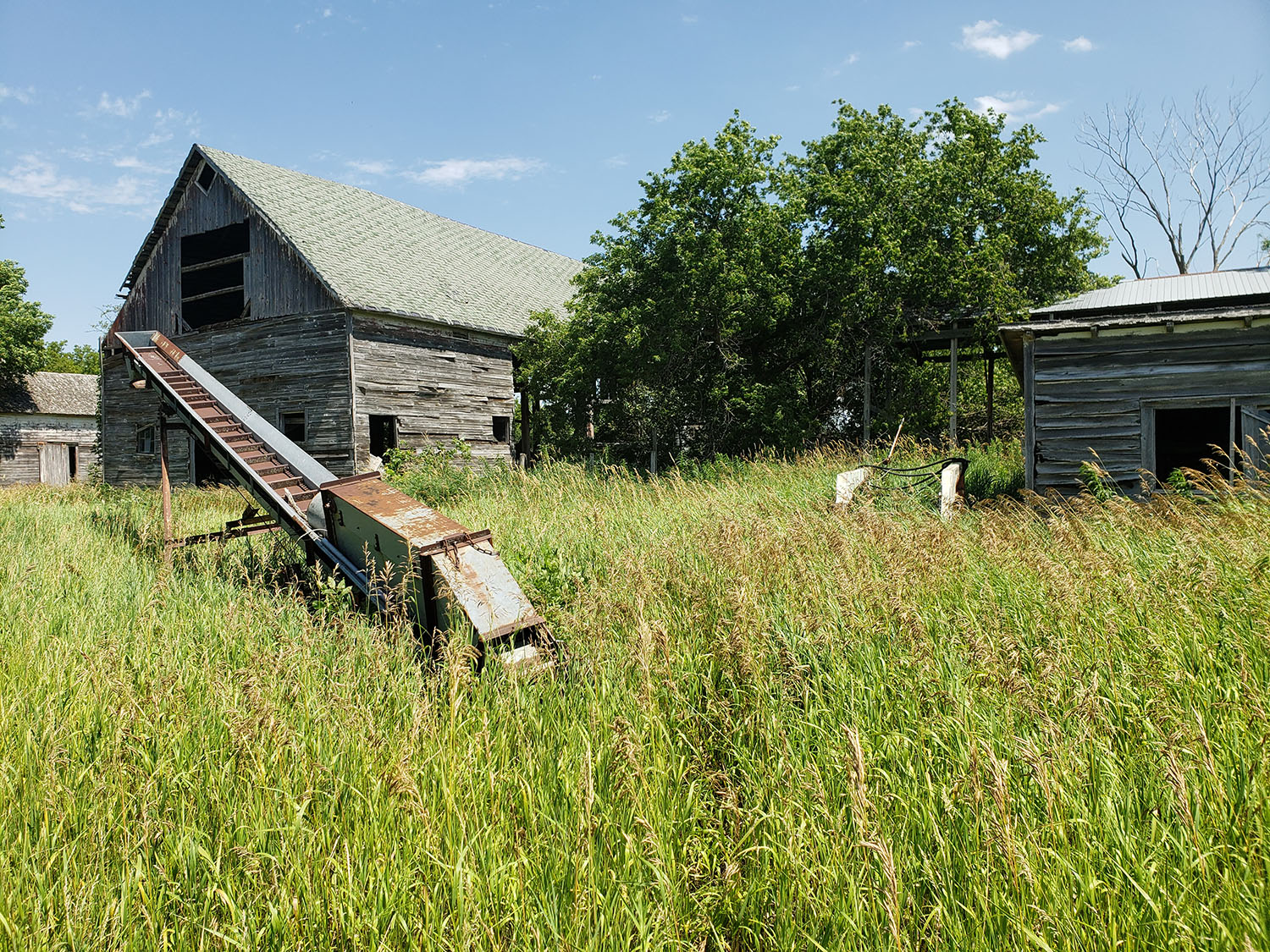 Green grassy field with old farm equipment and barn in the background