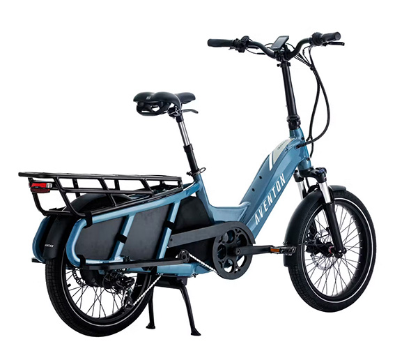 blue e-bike equipped with cargo rack