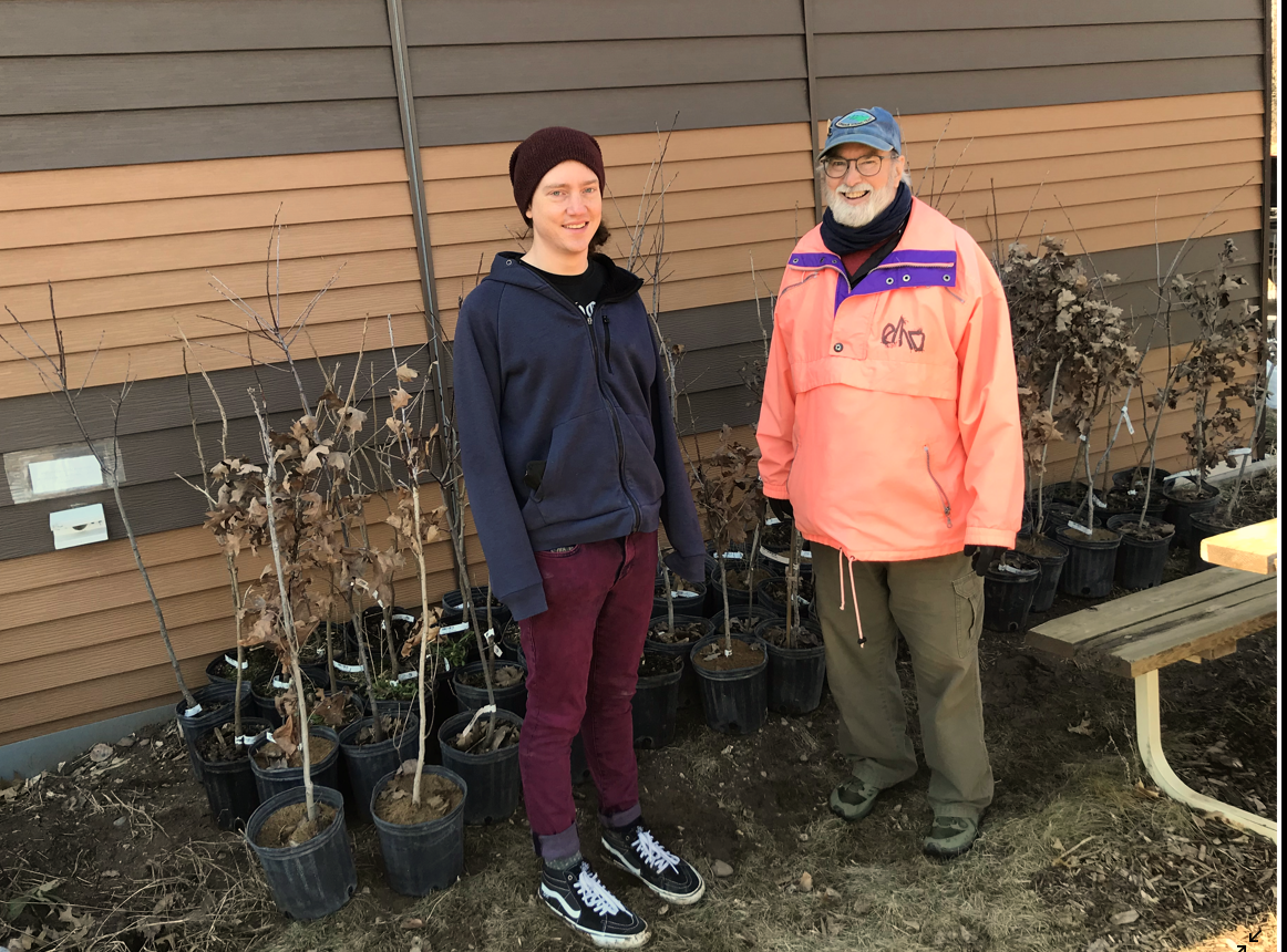Two volunteers stand in front of a row of oak saplings in plastic pots