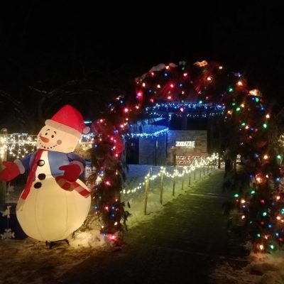 Snowman and lighted arch for winter event