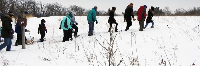 snowshoers walk on the trail in the prairie
