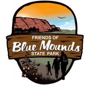 Logo for Friends of Blue Mounds include three hikers heading towards the rocky cliffs in the background