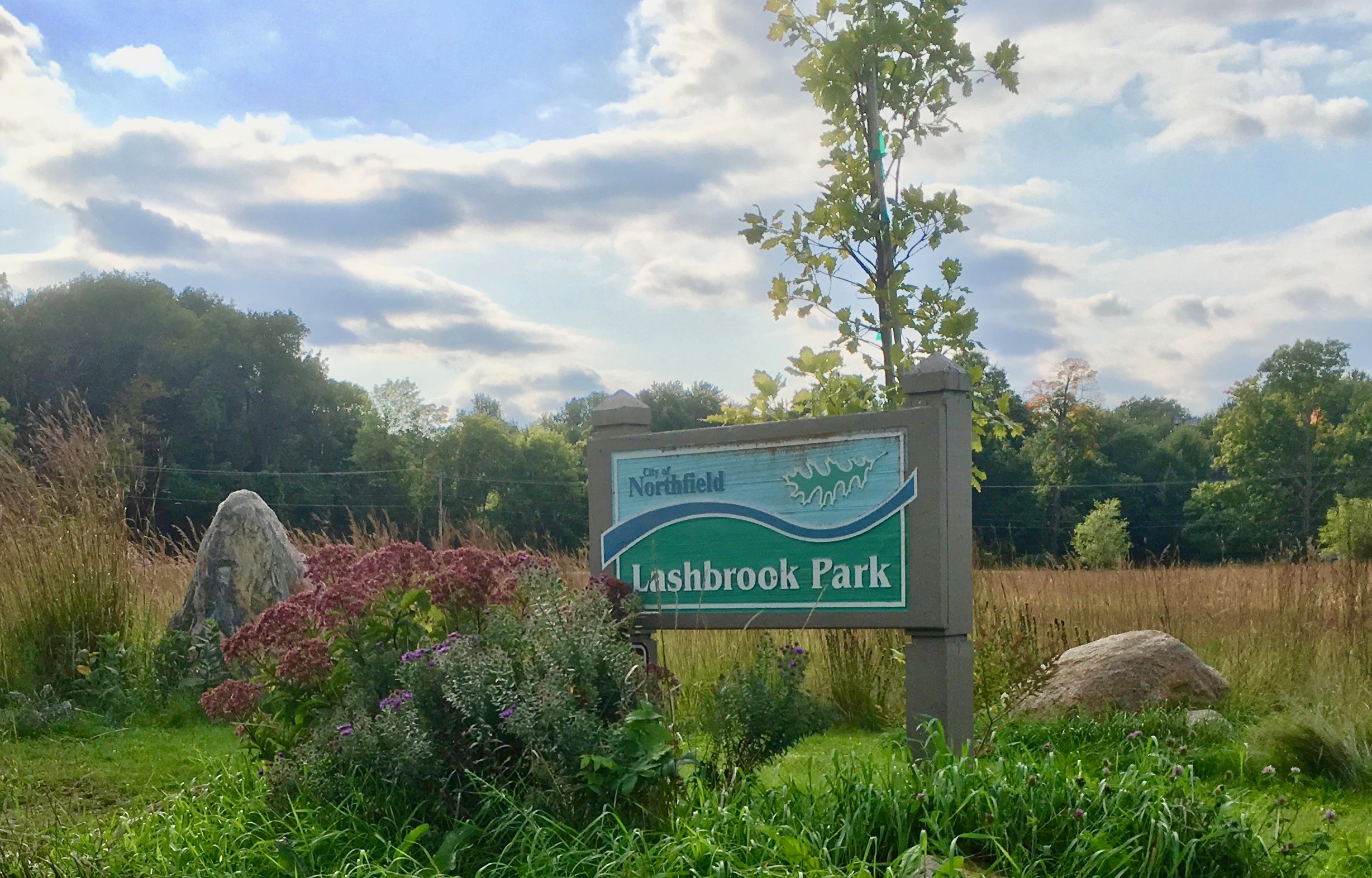 lashbrook park sign with greenery around it