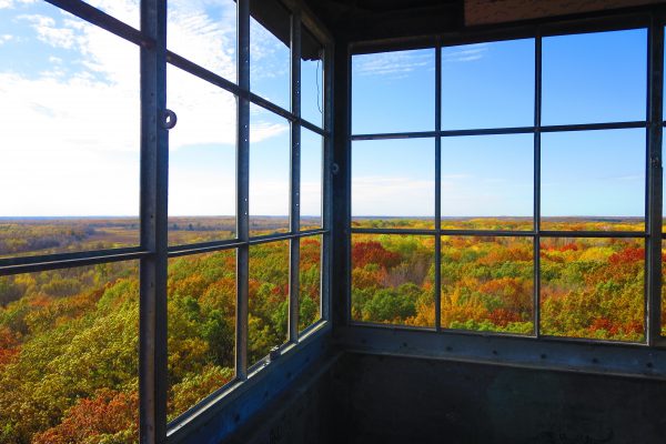 looking through fire tower at autumn leaves